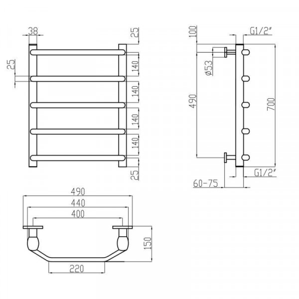 Полотенцесушитель водяной Lidz Trapezium (CRM) D38/25 400x700 P5