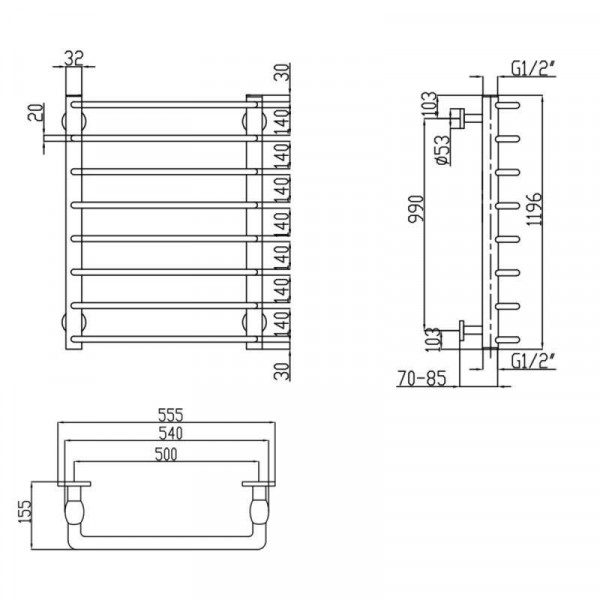 Полотенцесушитель водяной Lidz Standard (CRM) D32/20х1/2" 500x1200 P8