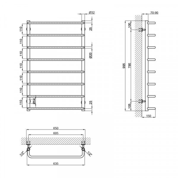 Сушка для рушників водяна Lidz Standard (CRM) D32/20х1/2" 600x1000 P8