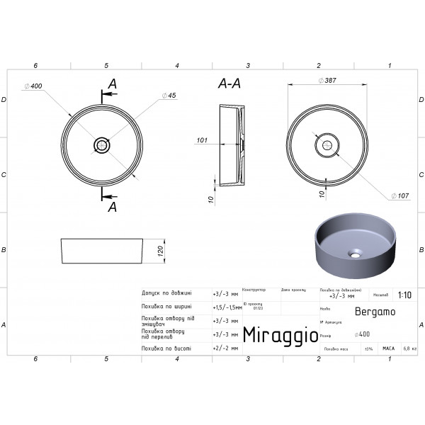 Умивальник BERGAMO MIRASOFT