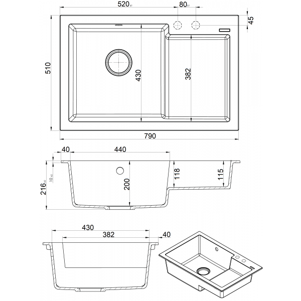 Кухонная мойка Fabiano Cubix 79x51 K Antracit 8221.201.0960