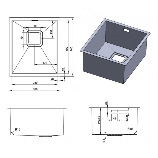Кухонная мойка Fabiano Quadro 38 R10 (38x44) 1,20 мм 8216.401.0129