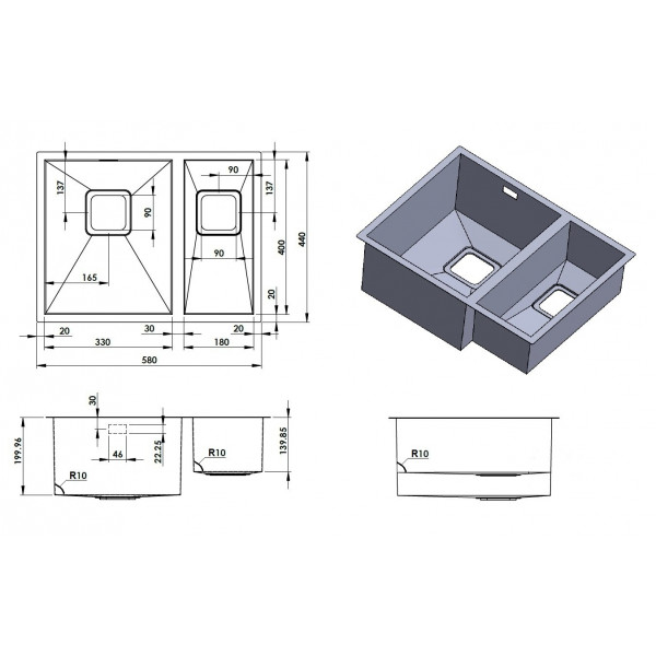 Кухонная мойка Fabiano Quadro 58 R10 L(58x44) 1,20 мм 8216.401.0076