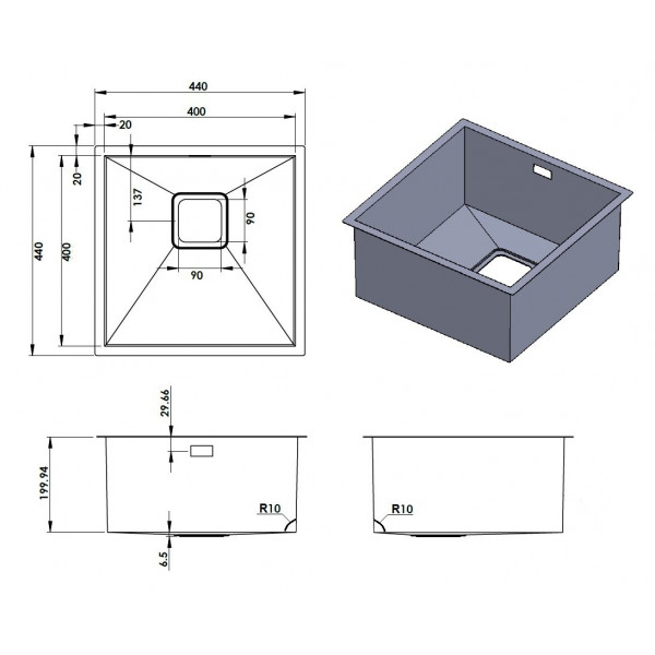 Кухонная мойка Fabiano Quadro 44 R10 (44x44) 1,20 мм 8216.401.0522