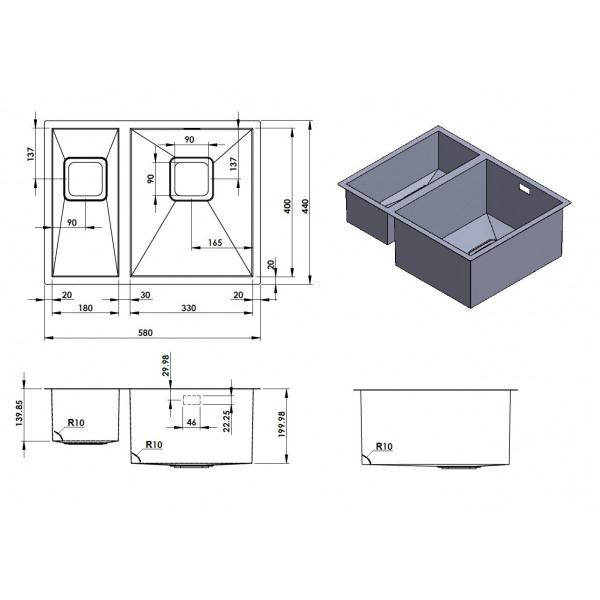 Кухонная мойка Fabiano Quadro 58 R10 R(58x44) 1,20 мм 8216.401.0075