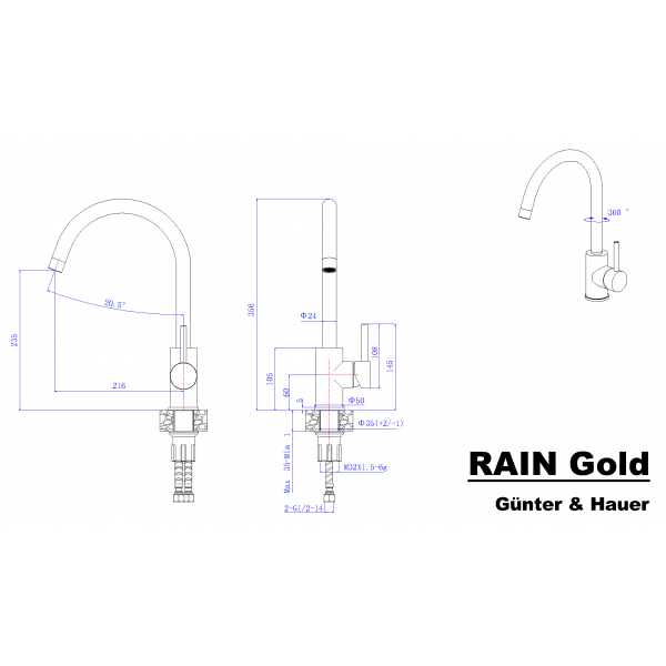 RAIN Gold: кухонний змішувач Gunter&Hauer