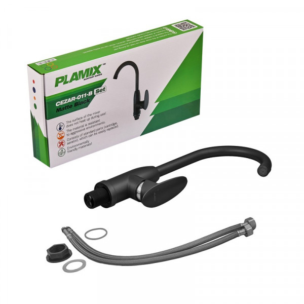 Змішувач для кухні Plamix Cezar-011-B SET Matte black (з підведенням) (PM0668)