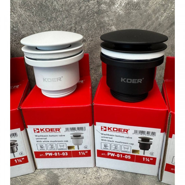 Донний клапан для раковини універсальний (з/без переливу) Koer PW-01-05 автоматичний (Click-Clack) (Колір чорний) 1 1/4'' (KR3403)