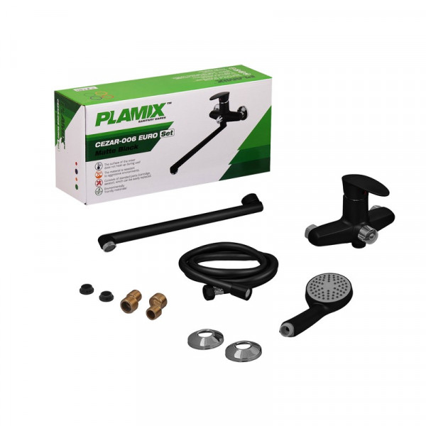 Змішувач для ванни Plamix CEZAR-006 EURO SET Matte black, зі шлангом, лійкою та кронштейном (PM0690)