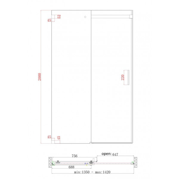 Дверь в нишу Koer SR SD02-140x200-TR-01 прозрачное стекло Easy Clean 8мм, хром (KR5383)