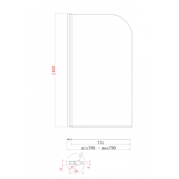 Шторки стеклянные на ванну Koer SR BS01-80x140-TR-01 прозрачное стекло 6мм, хром (KR5400)