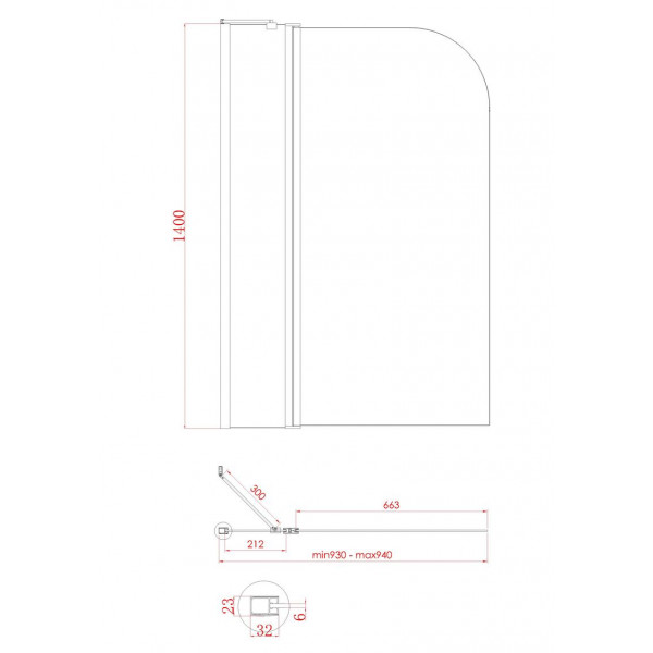 Шторки стеклянные на ванну Koer SR BS03-95x140-TR-01 прозрачное стекло 6мм, хром (KR5402)