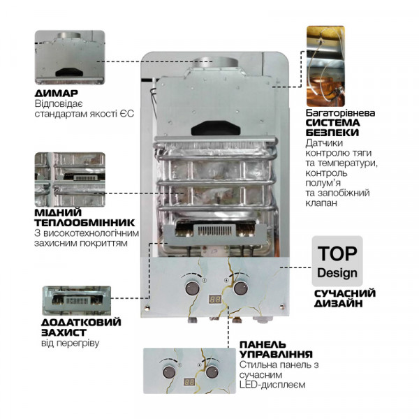 Газовая колонка MIXXUS GWH-0510 BASIC GLASS дымоходная 10 л/мин (панель из стекла с рисунком) (WH00