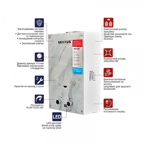 Газовая колонка MIXXUS GWH-0510 BASIC GLASS дымоходная 10 л/мин (панель из стекла с рисунком) (WH00