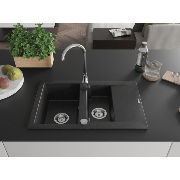 Гранітна кухонна мийка MEXEN GASPAR BLACK SILVER + сифон CHROME