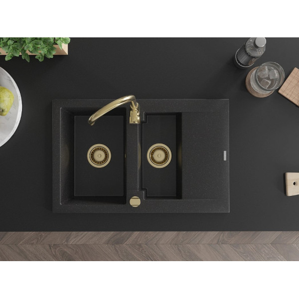 Гранітна кухонна мийка MEXEN GASPAR BLACK SILVER + сифон GOLD