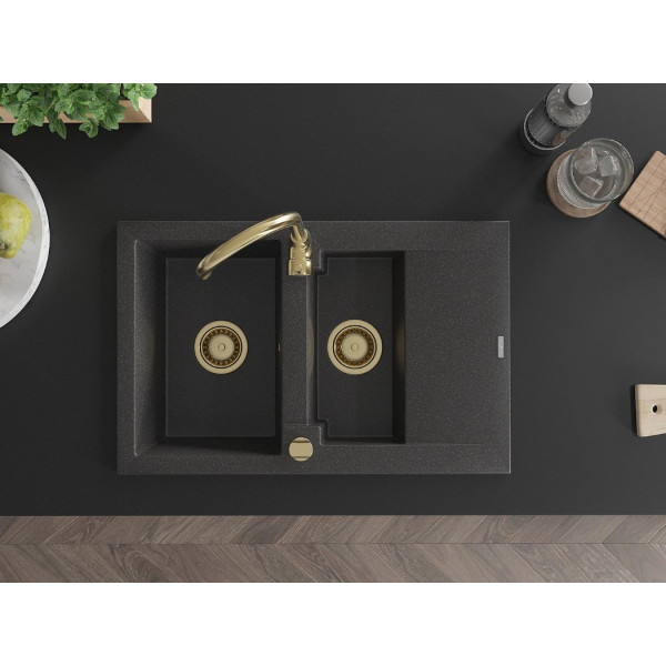 Гранітна кухонна мийка MEXEN GASPAR BLACK GRANITE + сифон GOLD
