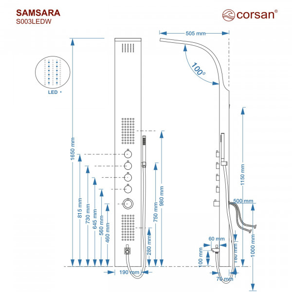 Душова панель CORSAN SAMSARA BLACK LED з виливом