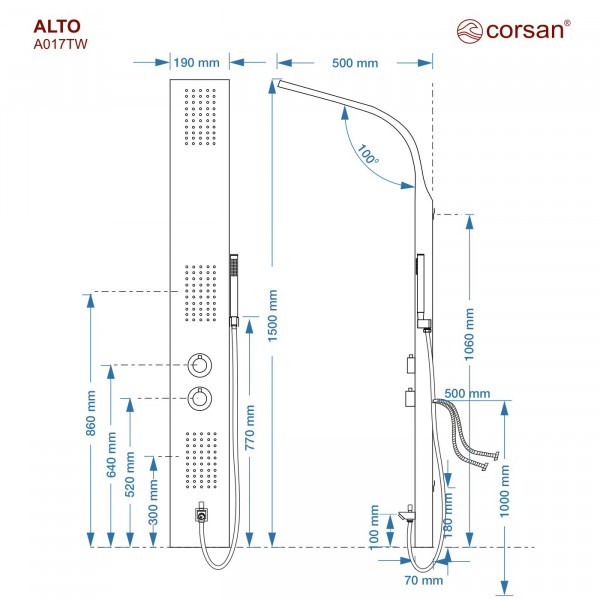 Душова панель CORSAN ALTO WHITE з виливом та термостатом