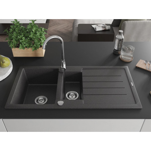 Гранітна кухонна мийка MEXEN ANDRES BLACK GRANITE + сифон CHROME