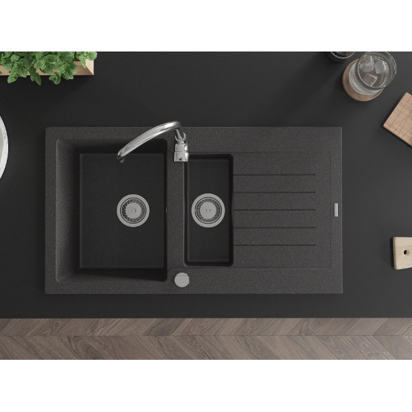 Гранітна кухонна мийка MEXEN MATIAS BLACK GRANITE + сифон CHROME
