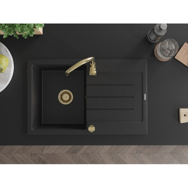 Гранітна кухонна мийка MEXEN BRUNO BLACK SILVER + сифон GOLD