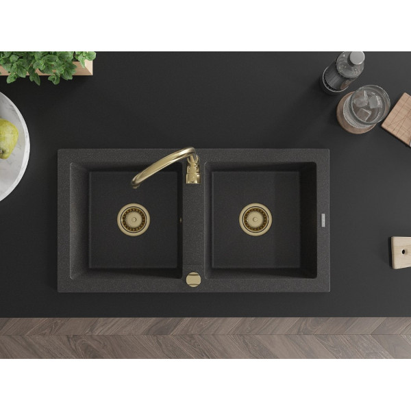 Гранітна кухонна мийка MEXEN MARIO BLACK GRANITE + сифон GOLD