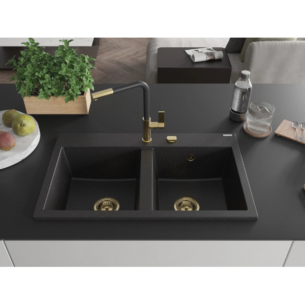 Гранітна кухонна мийка MEXEN HEKTOR BLACK SILVER + сифон GOLD