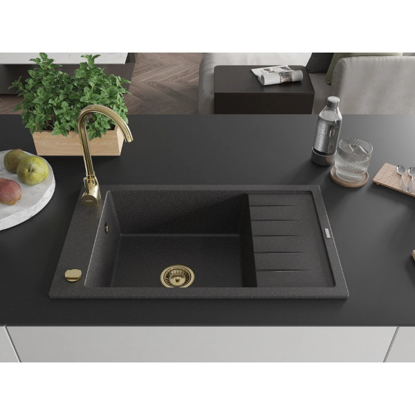 Гранітна кухонна мийка MEXEN ELIAS BLACK GRANITE + сифон GOLD