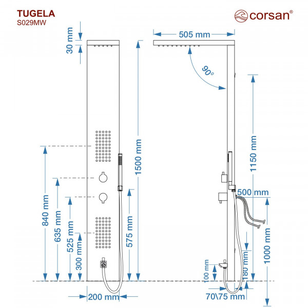 Душова панель CORSAN TUGELA BLACK з виливом