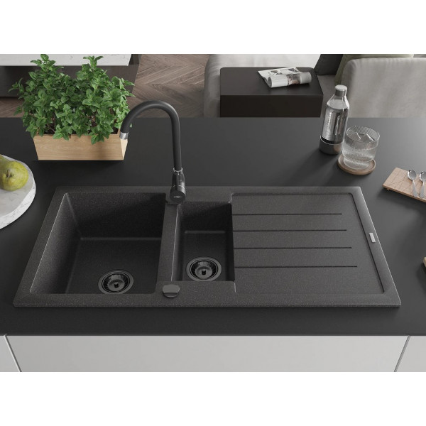 Гранітна кухонна мийка MEXEN ANDRES BLACK GRANITE + сифон BLACK