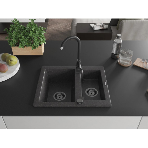 Гранітна кухонна мийка MEXEN CARLOS BLACK GRANITE + сифон BLACK