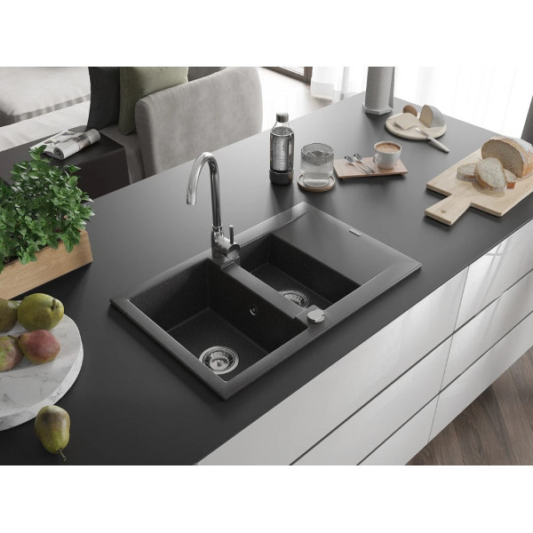 Гранітна кухонна мийка MEXEN GASPAR BLACK GRANITE + сифон CHROME