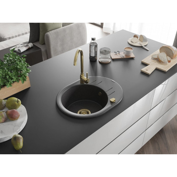 Гранітна кухонна мийка MEXEN KEVIN BLACK GRANITE + сифон GOLD