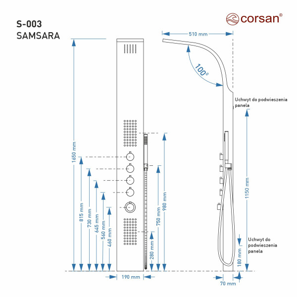 Душова панель CORSAN SAMSARA INOX з виливом та термостатом