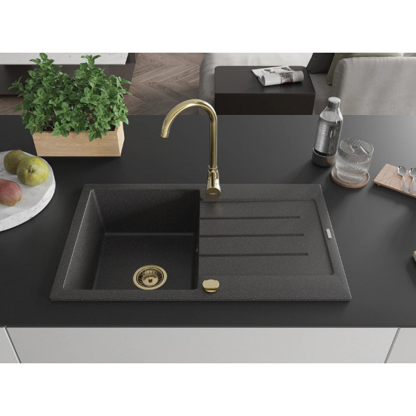 Гранітна кухонна мийка MEXEN BRUNO BLACK GRANITE + сифон GOLD