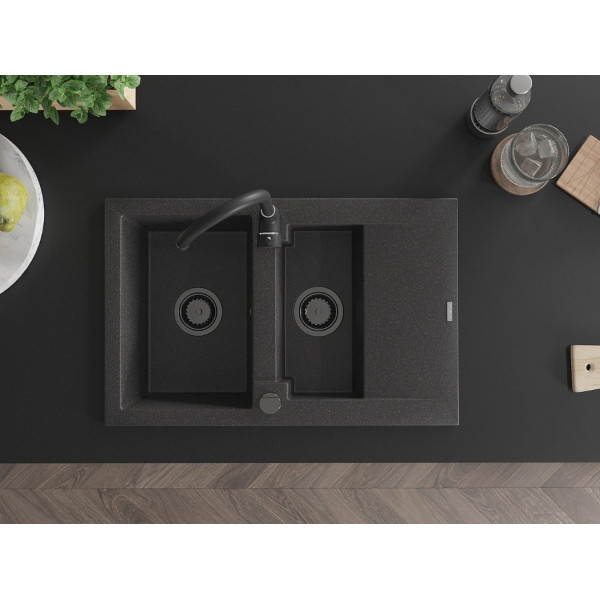 Гранітна кухонна мийка MEXEN GASPAR BLACK GRANITE + сифон BLACK