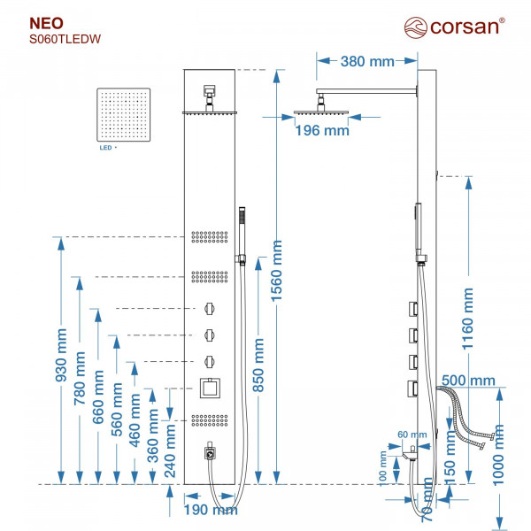 Душова панель CORSAN NEO BLACK LED з виливом та термостатом