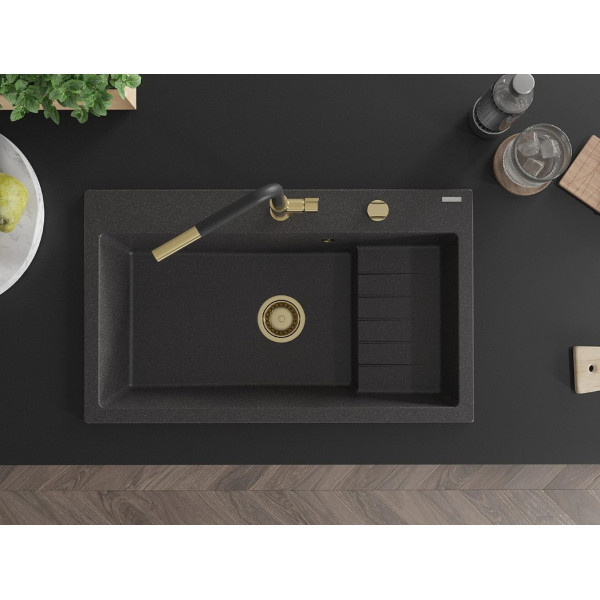Гранітна кухонна мийка MEXEN OMAR BLACK GRANITE + сифон GOLD