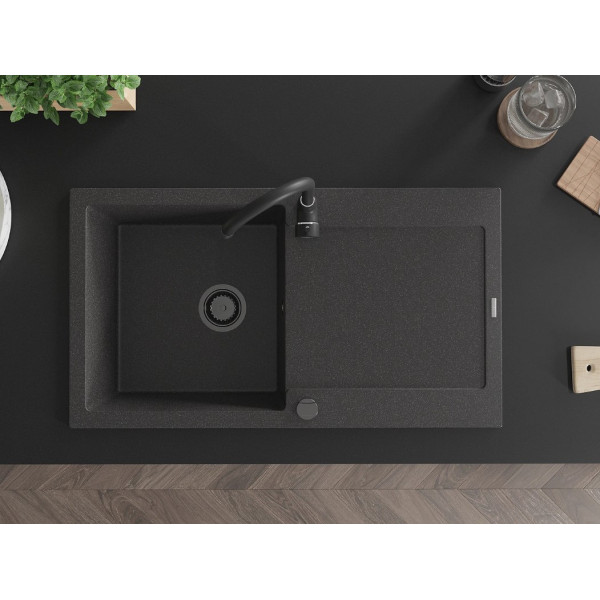 Гранітна кухонна мийка MEXEN LEO BLACK GRANITE + сифон BLACK