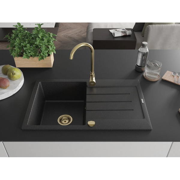 Гранітна кухонна мийка MEXEN BRUNO BLACK SILVER + сифон GOLD