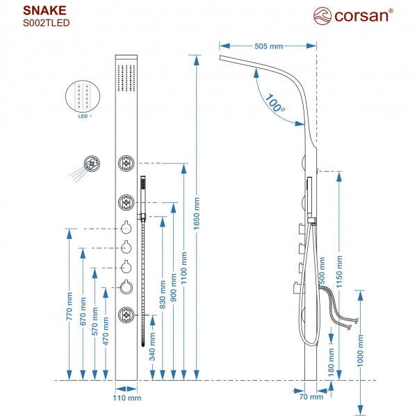 Душова панель CORSAN SNAKE INOX LED з термостатом