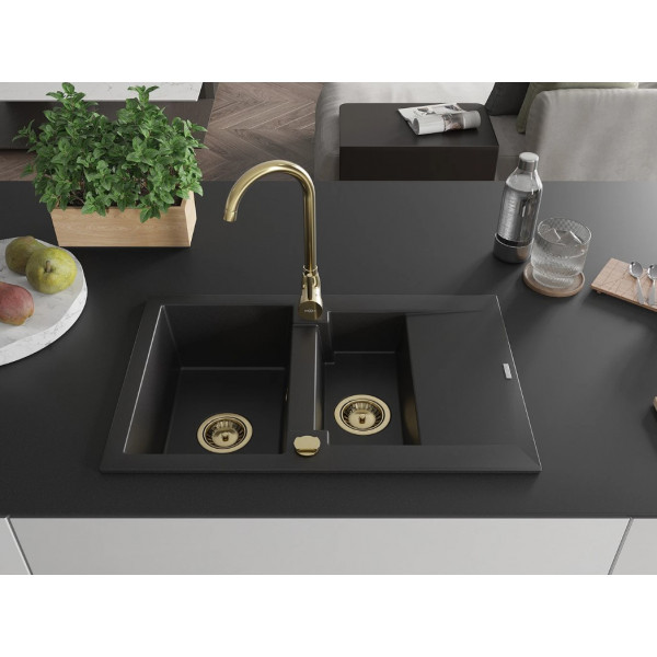Гранітна кухонна мийка MEXEN GASPAR BLACK + сифон GOLD