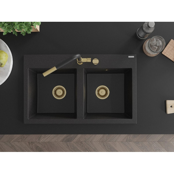 Гранітна кухонна мийка MEXEN HEKTOR BLACK SILVER + сифон GOLD