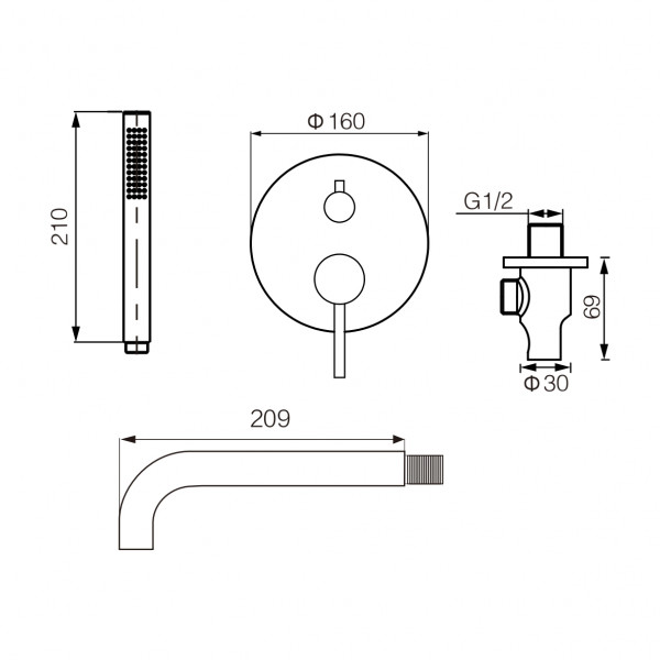 Смеситель для ванны и душа VBI MILANO BLACK скрытого монтажа