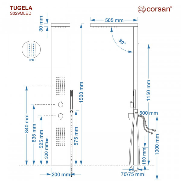 Душова панель CORSAN TUGELA BLACK LED