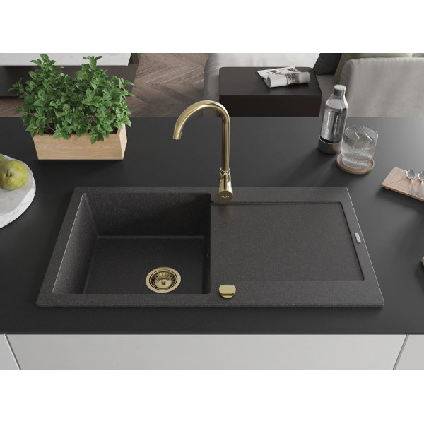 Гранітна кухонна мийка MEXEN LEO BLACK GRANITE + сифон GOLD