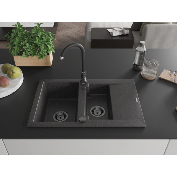Гранітна кухонна мийка MEXEN GASPAR BLACK GRANITE + сифон BLACK