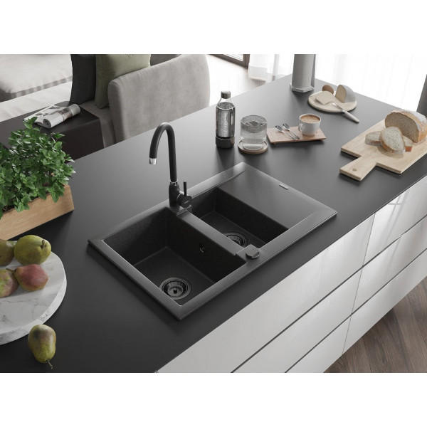Гранітна кухонна мийка MEXEN GASPAR BLACK GRANITE + сифон BLACK
