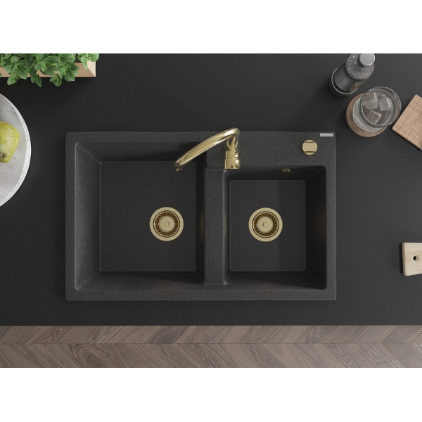 Гранітна кухонна мийка MEXEN TOMAS BLACK GRANITE + сифон GOLD